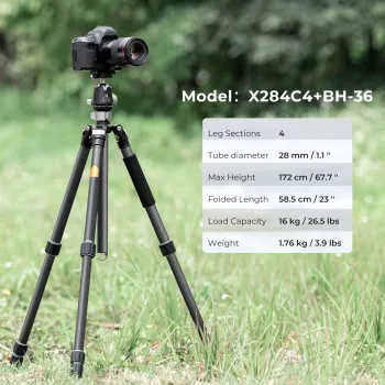 K&F Concept X284C4 oglekļa šķiedras statīvs ar BH-36 lodveida galvu, 172cm/67.7in, 16kg/35.3lbs slodze, monopods, 4 sekciju griežamā fiksācija, saderīgs ar Arca-Swiss
