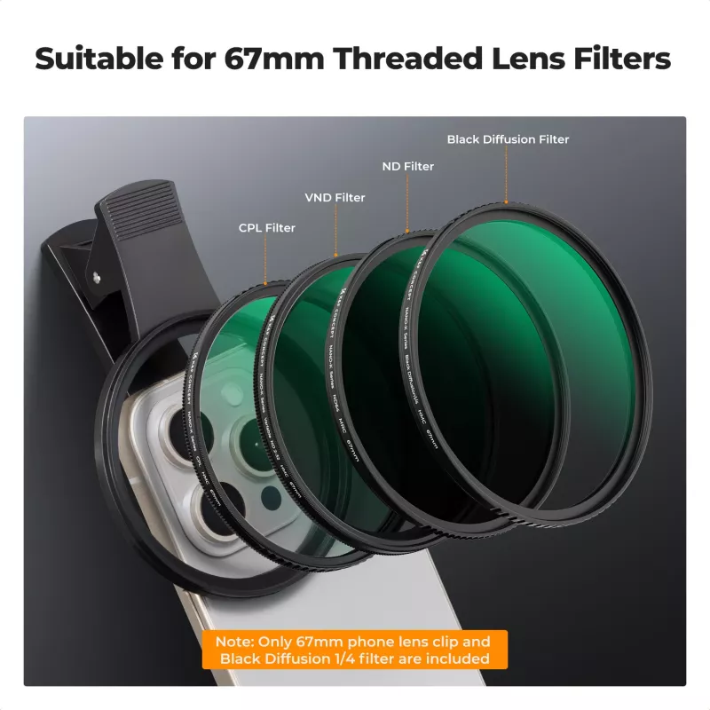 KF Black Diffusion 1/4 Filter 67mm ar Clip-On Adapteri viedtālrunim