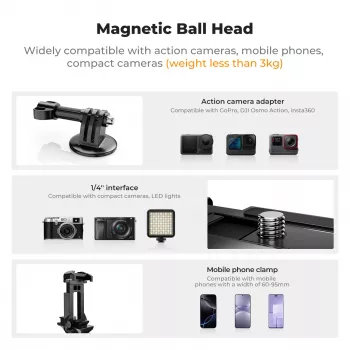 KF 3D Ball Head Magnetic Base Mount for GoPro Smartphone Camera ar 1/4 collu vītni KF31.156 Melns