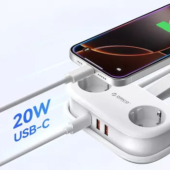 ORICO AP3 20W GaN Power Strip 5-in-1 2x AC + 2x USB-A + 1x USB-C - White