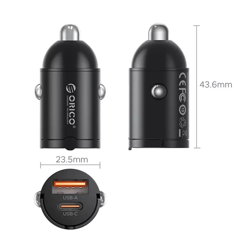 ORICO MiniRing 30W USB-A + USB-C Auto Lādētājs - Melns