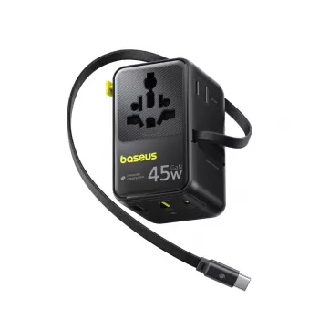 Baseus PicoGo AG11 45W 6-in-1 Universāls Ceļojumu Adapteris ar Ievelkamu USB-C Kabeli - Melns