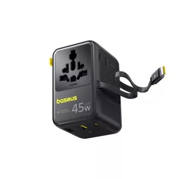 Baseus PicoGo AG11 45W 6-in-1 Universāls Ceļojumu Adapteris ar Ievelkamu USB-C Kabeli - Melns