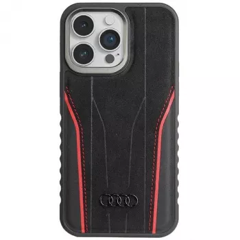 Audi Īsta āda MagSafe iPhone 14 Pro 6.1 Melns-Sarkans Cietais Vāciņš AU-TPUPCMIP14P-R8/D3-RD