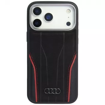 Audi R8 Īstas Ādas MacSafe Maciņš iPhone 15 Pro Melns ar Sarkanām Akcentēm