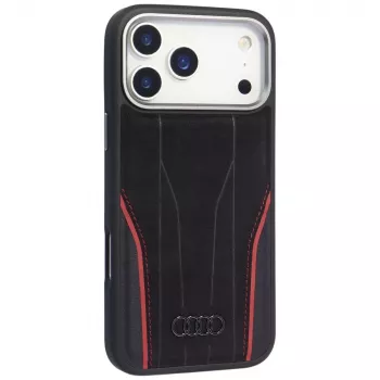 Audi R8 Īstas Ādas MacSafe Maciņš iPhone 15 Pro Melns ar Sarkanām Akcentēm