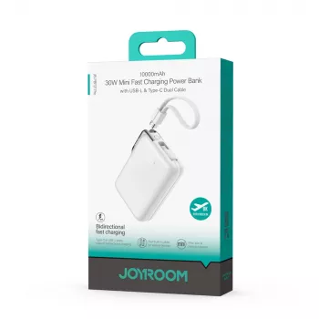 Joyroom JR-PBF27 Pro Power Bank 10000mAh 30W ar iebūvētu USB-C kabeli un papildu divvirzienu USB-C uz Lightning kabeli - Balts