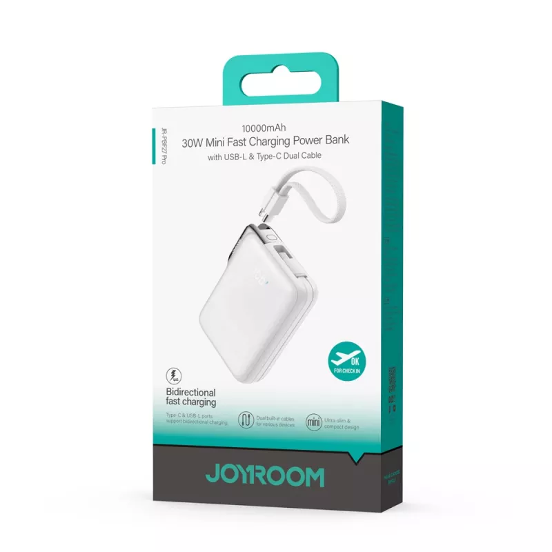 Joyroom JR-PBF27 Pro Power Bank 10000mAh 30W ar iebūvētu USB-C kabeli un papildu divvirzienu USB-C uz Lightning kabeli - Balts