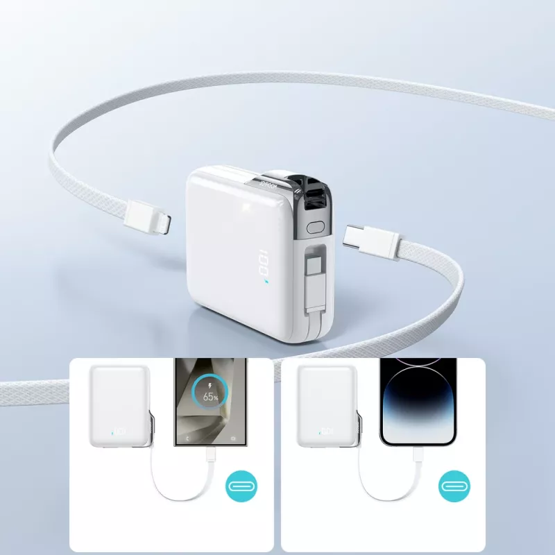 Joyroom JR-PBF27 Pro Power Bank 10000mAh 30W ar iebūvētu USB-C kabeli un papildu divvirzienu USB-C uz Lightning kabeli - Balts