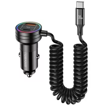 USAMS Auto lādētājs 60W 2xUSB-C 1xUSB-A ar spoles kabeli Ātrā uzlāde PD QC Melns CC167CC01