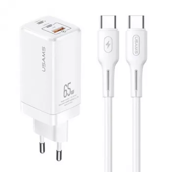 USAMS GaN 65W USB-C Lādētājs MTXLOGTC02 Balts ar 100W USB-C Kabeli