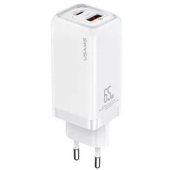 USAMS T47 65W PD ātrās uzlādes Super Si sienas lādētājs ar 1x USB-C un 1x USB-A, balts (CC153TC02)