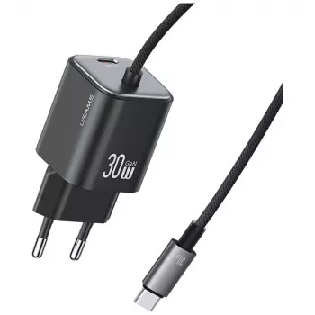 USAMS 30W GaN Fast Charger ar USB-C kabeli (Melns, EU Kontaktdakša)