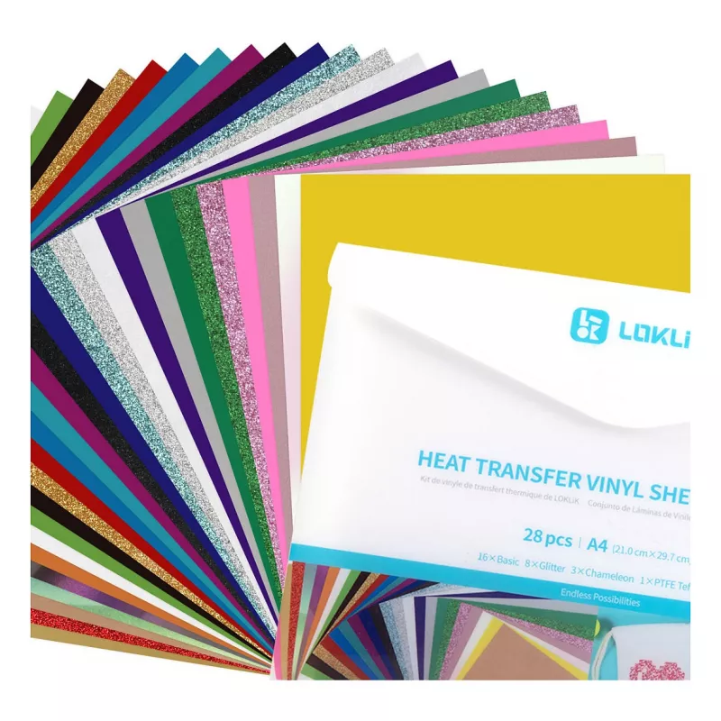 LOKLIK Plotter Foil Material Bundle (A4) ar siltuma pārneses vinilu, 28 lapas, daudzkrāsu
