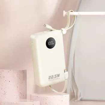 Powerbank Dudao K14+ 20000mAh 22.5W USB-C / USB-A ar iebūvētiem Lightning un USB-C kabeļiem - Balts