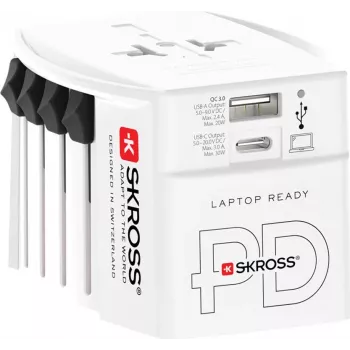 SKROSS MUV USB AC30PD World Travel Adapter with USB Charger, White