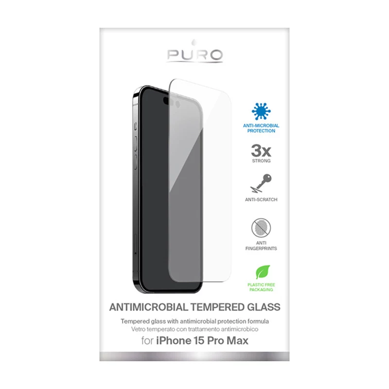 PURO Anti-Bacterial Tempered Glass Screen Protector for Apple iPhone 15 Pro Max