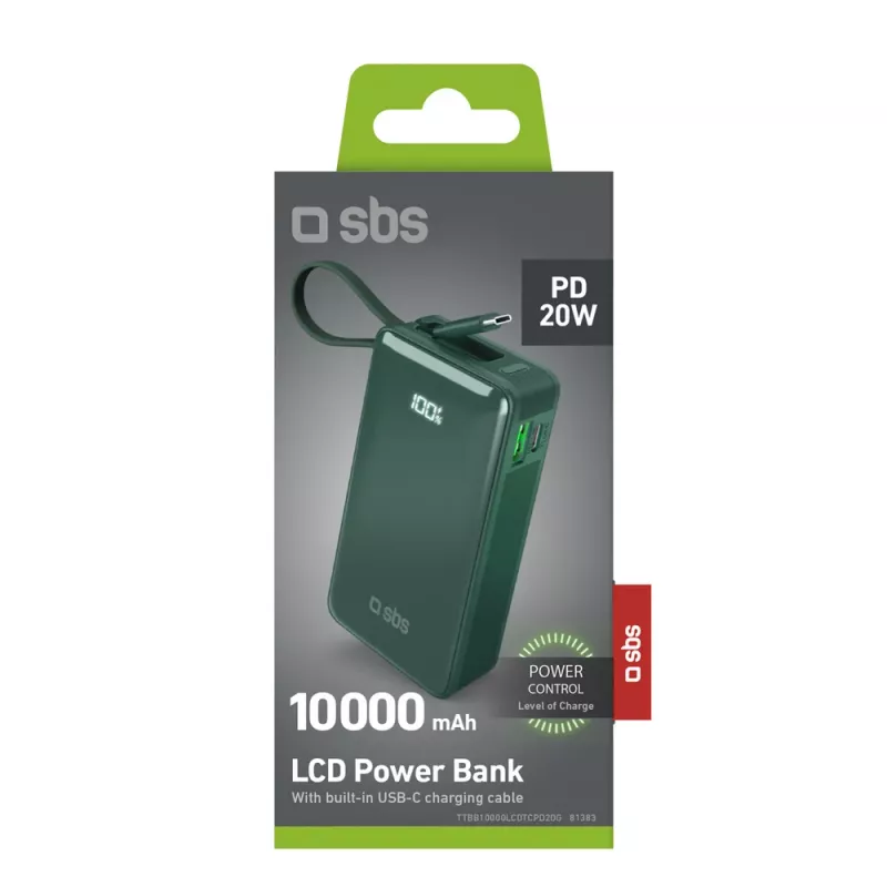 SBS Power Bank 10000 mAh ar iebūvētu USB-C kabeli Zaļš