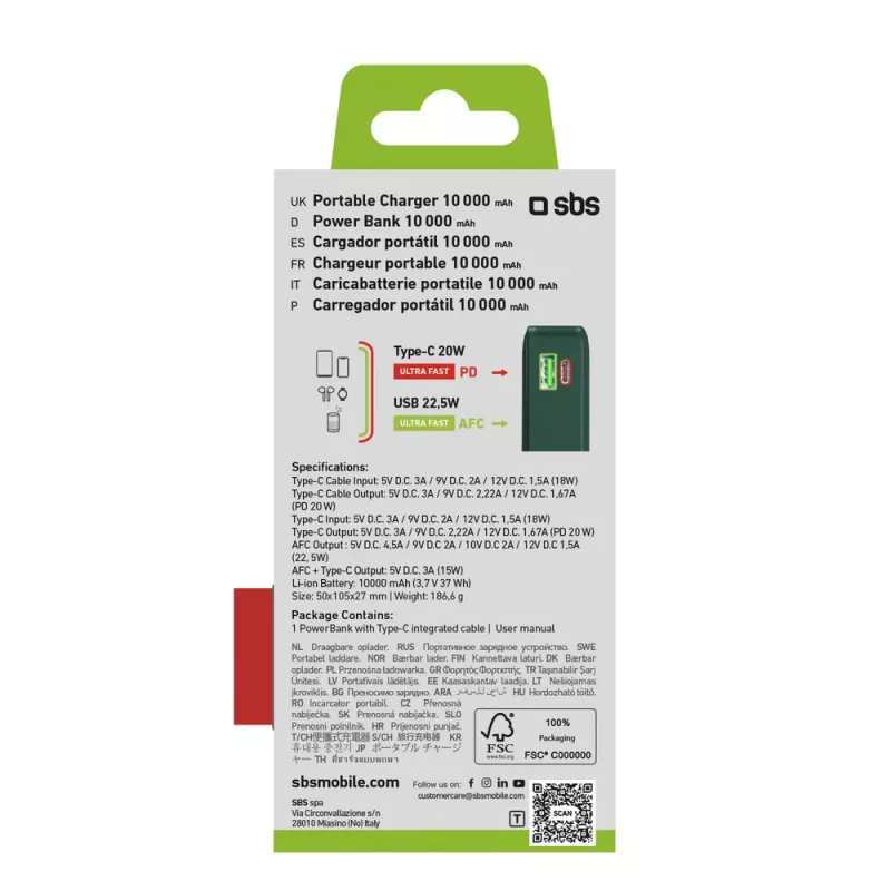 SBS Power Bank 10000 mAh ar iebūvētu USB-C kabeli Zaļš
