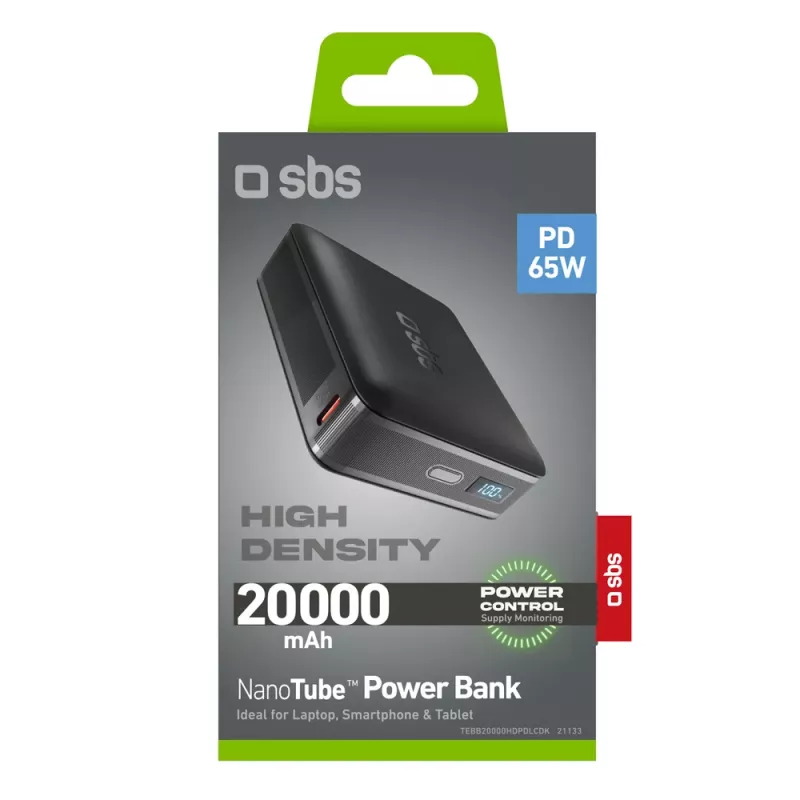 SBS HD 65W 20000mAh Power Bank ar LCD Displeju - Melns