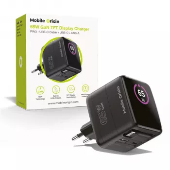 Mobile Origin 65W GaN Lādētājs PW3 ar iebūvētu USB-C izvelkamu kabeli 65cm + USB-A Melns