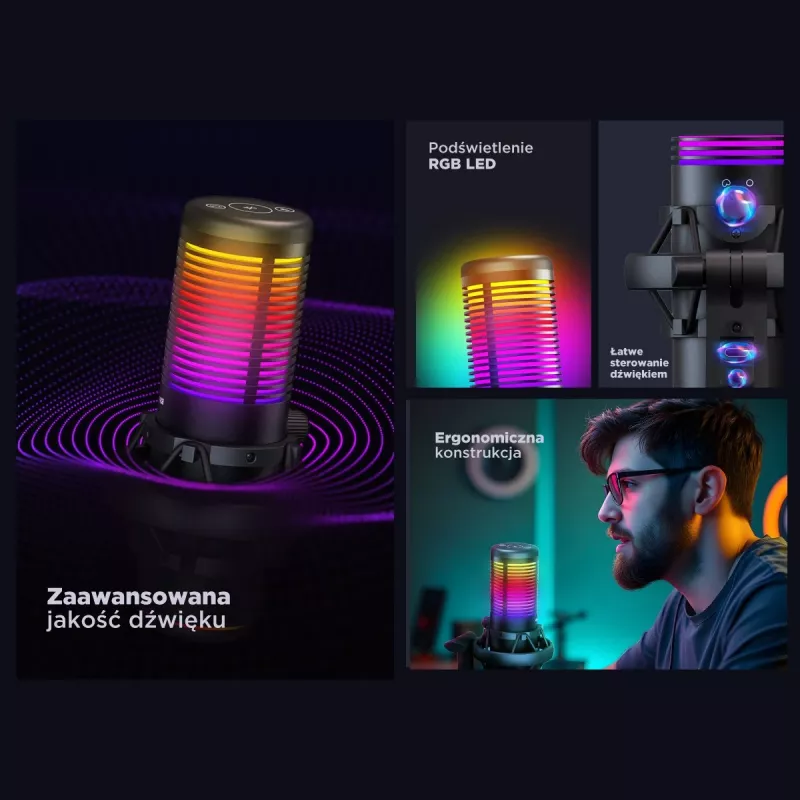 Rampage Bemol RGB USB-C spēļu mikrofons, melns