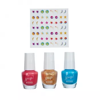 SOUZA! Galaxy Children's Nail Polish Set - 3 Ūdens Bāzes Noplēšamas Nagu Lakas ar Uzlīmēm