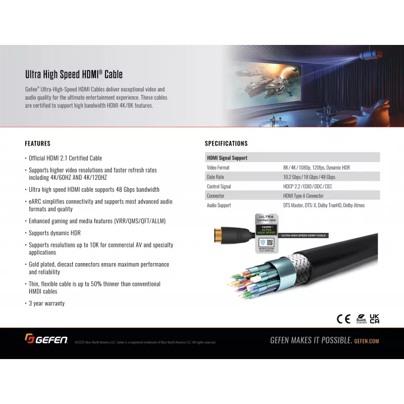 Gefen GEF-CAB-HS-HDMI-2M HDMI 2.1 kabelis 2m Melns 48Gbps 3D