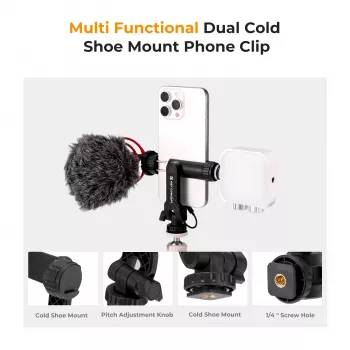 K&F Concept Tripod Mount Phone Holder ar 1/4 collu skrūvi, 360° rotācija, viedtālrunim, melns