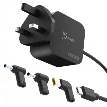 J5CREATE 67W GaN PD USB-C Mini Charger ar 3 DC savienotāju veidiem