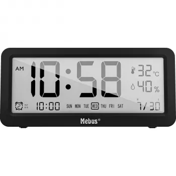 MEBUS 25819 Kvarca modinātājpulkstenis ar digitālo LCD displeju, melns