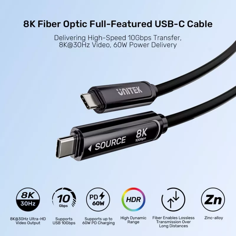 UNITEK USB-C Active Optical Cable 15m - 10Gbps, PD60W, 8K@30Hz, Black