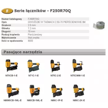 Bostitch F250R70Q 2.50mm x 70mm Gredzenkāta spoles naglas, 9000 iepakojumā