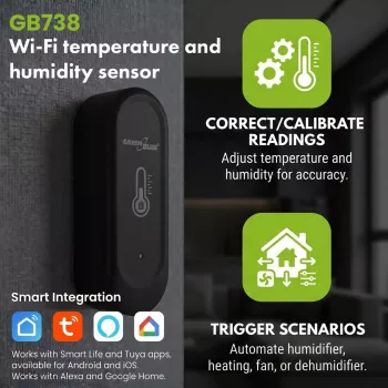 GRB GREENBLUE GB741 āra WiFi temperatūras un mitruma sensors, Android/iOS, 3.0V DC, 2xAAA, IP65
