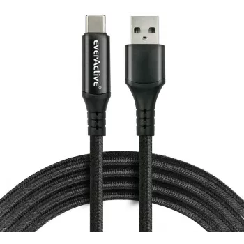 EVERACTIVE USB-A to USB-C kabelis ar LCD displeju, 2m, 3A, 60W PD, neilona pinums, melns