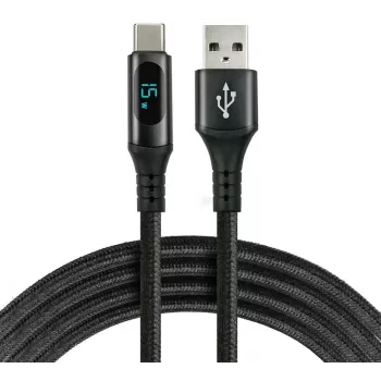 EVERACTIVE USB-A to USB-C kabelis ar LCD displeju, 2m, 3A, 60W PD, neilona pinums, melns