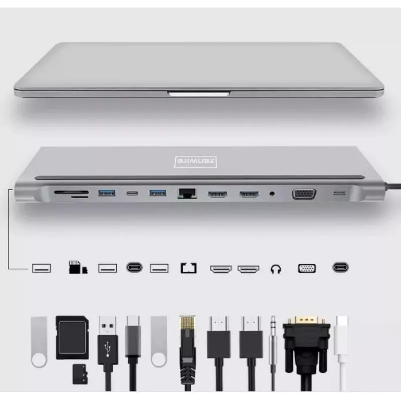 ZENWIRE USB-C Hub Adapter 12-in-1 Docking Station 2x HDMI 4K Ethernet RJ45 USB 3.0 BYL-2211
