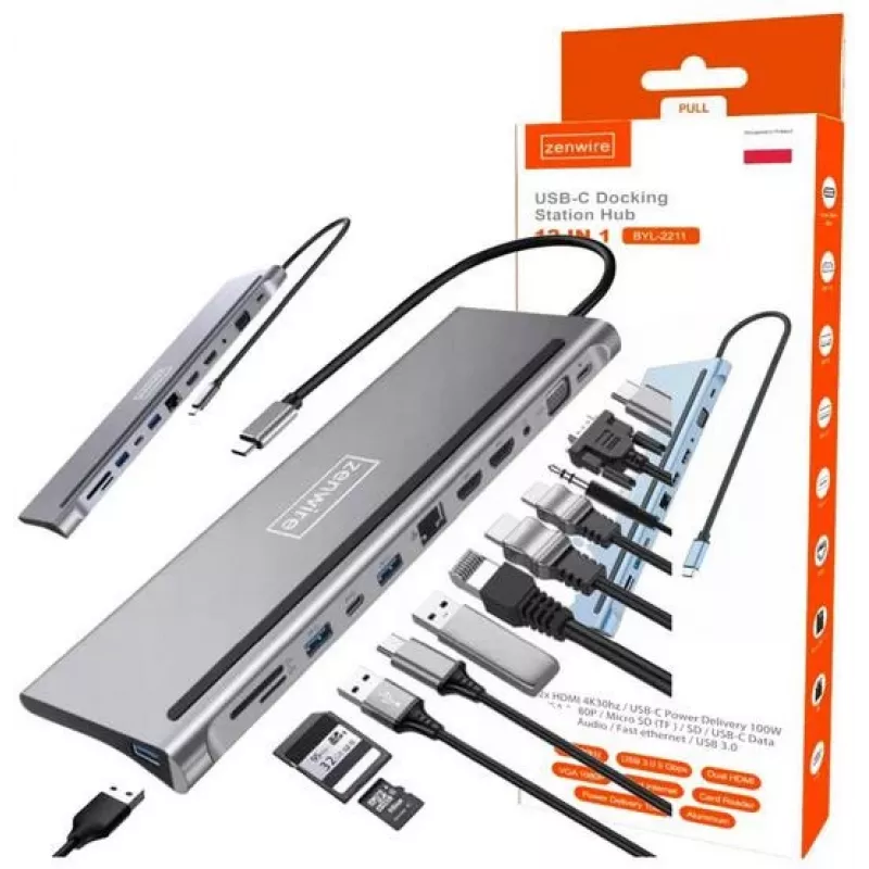 ZENWIRE USB-C Hub Adapter 12-in-1 Docking Station 2x HDMI 4K Ethernet RJ45 USB 3.0 BYL-2211