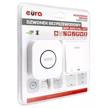 EURA WDP-82H2 bezvadu durvju zvana komplekts, kinētiskais raidītājs bez baterijām, 36 melodijas, 100m darbības rādiuss, balts