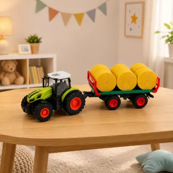LEAN TOYS Remote Controlled RC Farm Tractor with Hay Bale Trailer and Lights 1:24