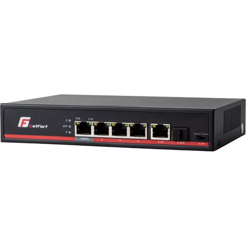 GETFORT GF-106-4PG-S-65 5-Port Gigabit PoE+ Switch (4 PoE+ Porti, 65W, 1 SFP) Desktop/Sienas Montāža