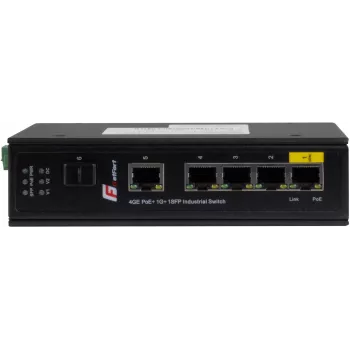 GETFORT GF-110-4PG-1G-1S Industrial PoE+ Switch, 4x PoE+ 10/100/1000Base-T + 1x 10/100/1000Base-T + 1x 1000Base-X SFP, -40°C to 80°C, DIN Rail, 65W PoE Budget