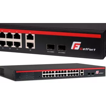 GETFORT GF-226G-24P-250 Nevaldāms PoE+ slēdzis, 24x 10/100Mbps PoE+ porti, 2x Gigabit RJ45, 2x SFP, 250W, Rackmount