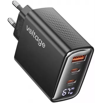 Voltage GaN Charger 67W PD 3.0 QC 4.0 USB-A 2x USB-C Digital Display Black