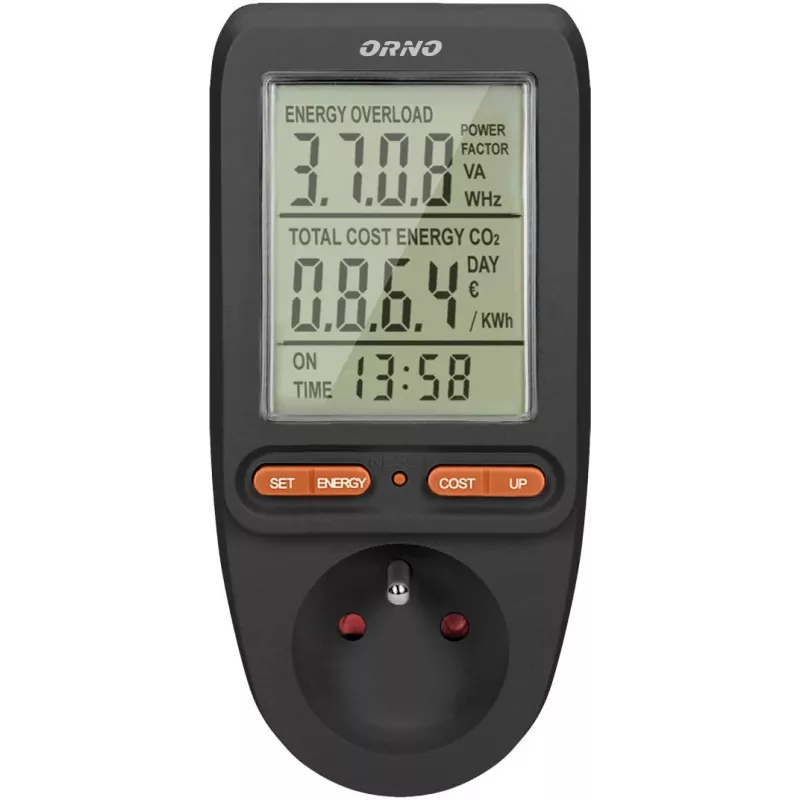 ORNO OR-WAT-435/B Energijas skaitītājs un patēriņa kalkulators, 230V, 16A, LCD displejs, Melns