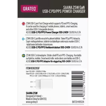 GRATEQ SAANA GaN USB-C 25W PD/PPS sienas lādētājs balts