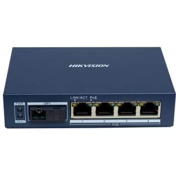 Hikvision DS-3D504TP-A Nepārvaldāms industriālais PoE slēdzis, 4 PoE+ porti, 1 SFP augšupeja, 60W budžets