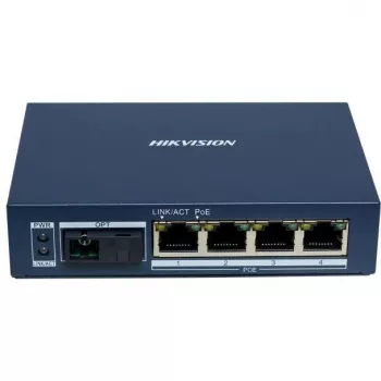 Hikvision DS-3D504TP-A Nepārvaldāms industriālais PoE slēdzis, 4 PoE+ porti, 1 SFP augšupeja, 60W budžets