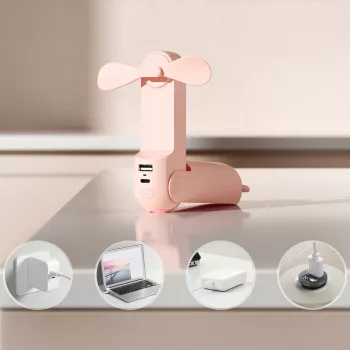 Jisulife Life8 Rokas Ventilators ar Power Bank 2000mAh un Lukturīti - Rozā