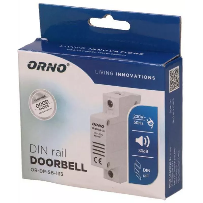 ORNO OR-DP-SB-133 Vadu durvju zvans, DIN sliede 1 modulis, 230V AC, 85 dB, balts/pelēks